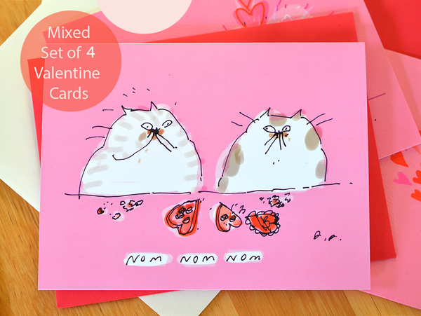 Valentine's Day Cat Cards - Set of 4 - Pink Set
