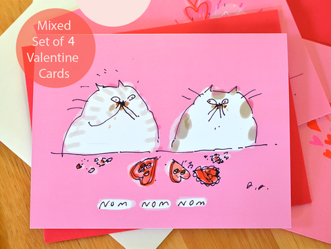 Valentine's Day Cat Cards - Set of 4 - Pink Set