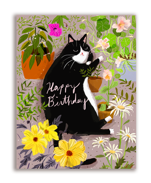 Happy Birthday Card - Garden Tuxie - Cat Card