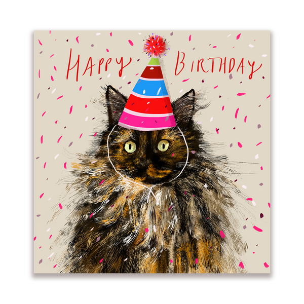Happy Birthday Card - Fluffy Cat - Long Haired Tortie - Square