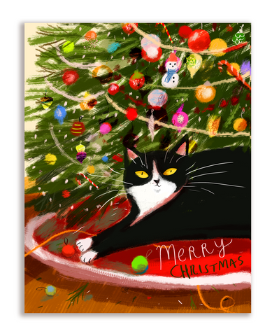 Merry Christmas Cat Card - Under the Christmas Tree