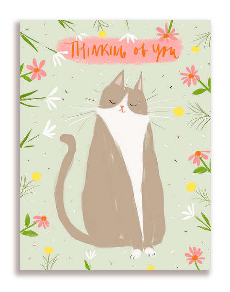 Thinking of You Card - Floral cat - Grey Kitty