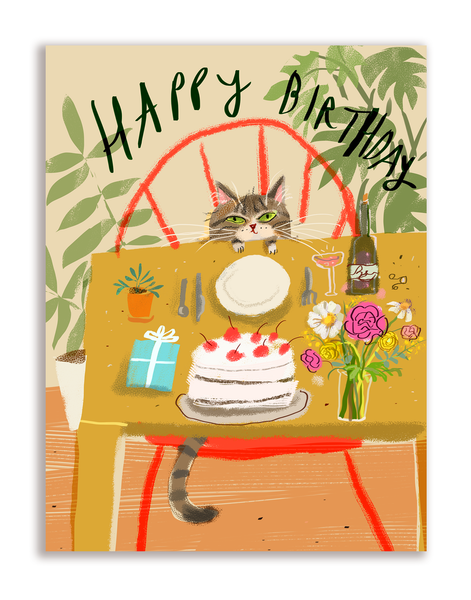 Happy Birthday Card - Table Cat