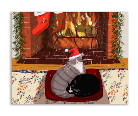 Cozy Christmas Cat Card - Fireplace Cats - Holiday Cat Card
