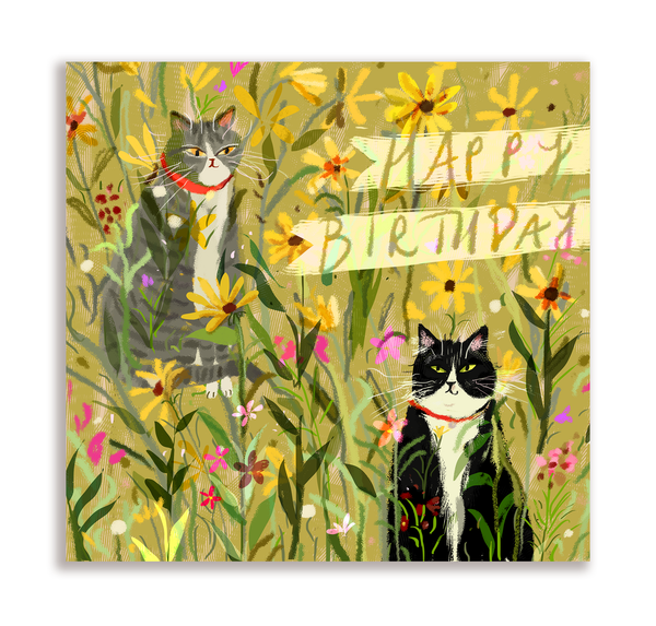 Happy Birthday - Garden Cat Card - Square - Textured Cardstock