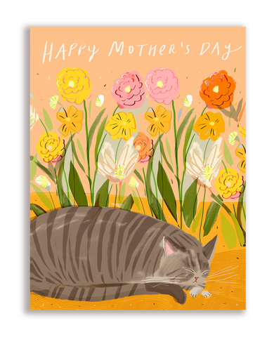 Happy Mother's Day Cat Card- Garden Nap - Textured Card stock