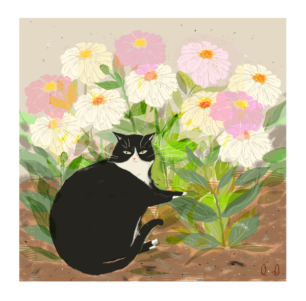 Garden Cat - Zinnia Cat Print