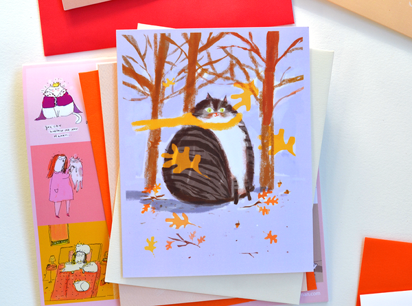 Fat Cat Yellow Scarf - Fall Cat Card