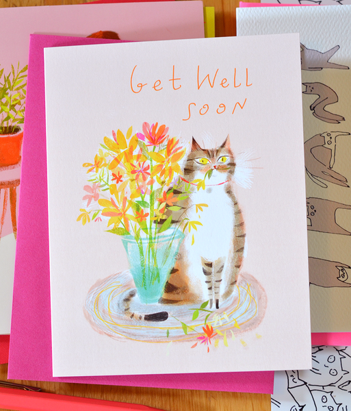 Get Well Soon Cat Card - Flower Cat
