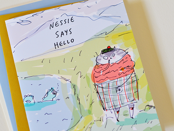 Nessie Says Hello - Scottish Cat Card - Scotland - Funny Cat Card