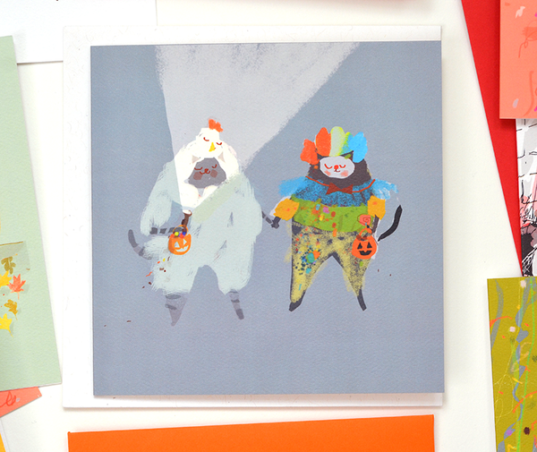 Trick o' Treat Cat Card - Chicken and Clown - Square Card