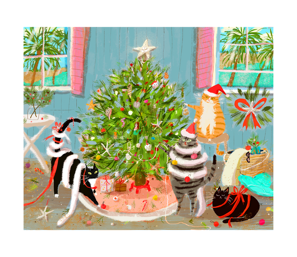 Beach House Christmas Cat Print