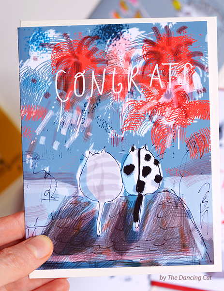 Congrats Cat Card - Fireworks