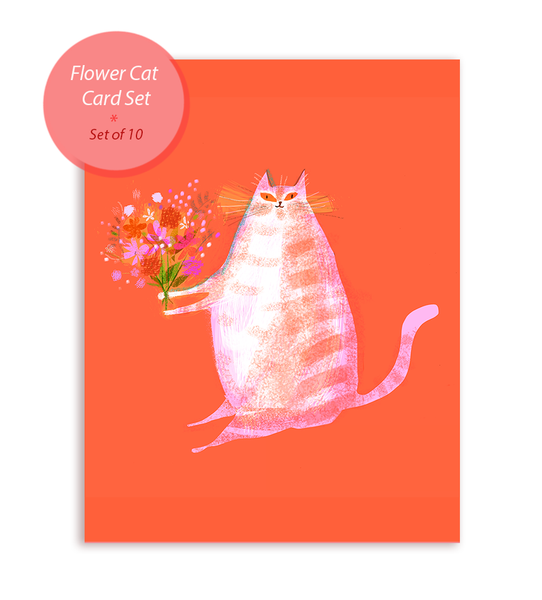 The Dancing Cat Flower Card Set - Mixed Set of 10 Cards
