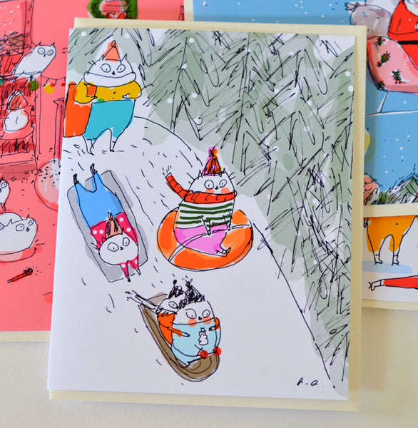 Sledding Party- Christmas Cat Card