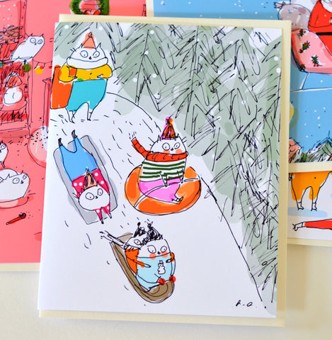 Sledding Party- Christmas Cat Card