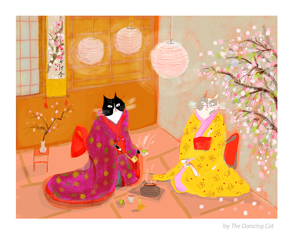 Japanese Tea Ceremony Cats - Cat Painting - Fine Art Print - Matcha