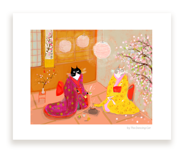 Japanese Tea Ceremony Cats - Cat Painting - Fine Art Print - Matcha
